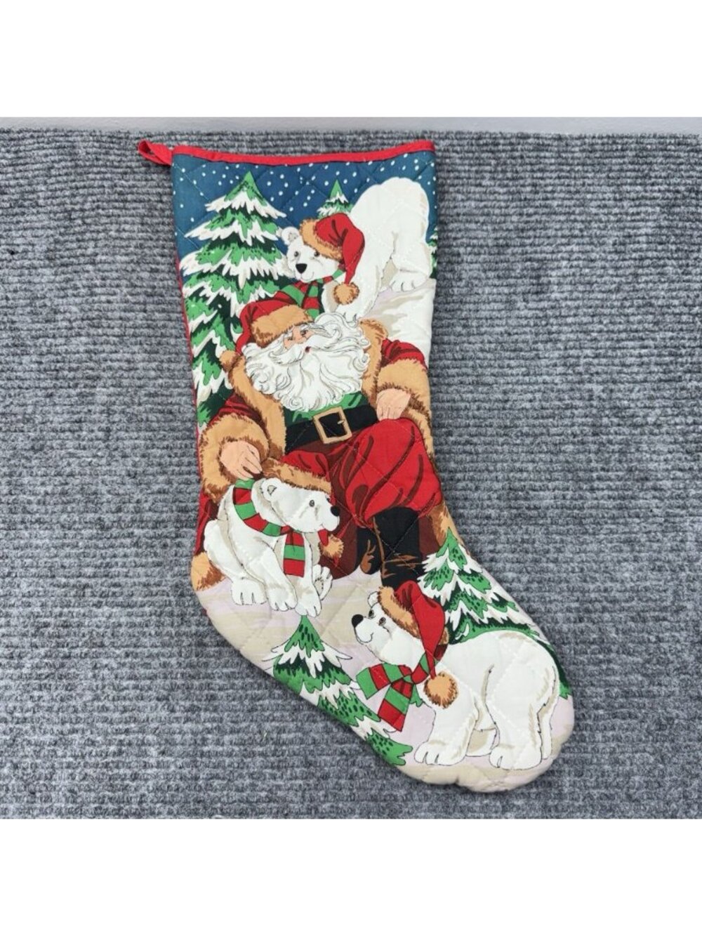 Vintage Christmas Stocking Quilted Santa Polar Bear Tree Cottagecore 80s 90s Y2K
